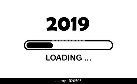Frohes neues Jahr 2019 mit Laden Symbol neon Stil. Fortschrittsbalken fast Silvester. Abbildung mit 2019 Laden. Isolierte oder weiß Hinterg Stockfoto