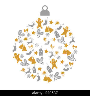 Weihnachten Grußkarten mit christmas ball mit Gold und Grau kleine Dekoration Symbole auf dem weißen Hintergrund. Stockfoto