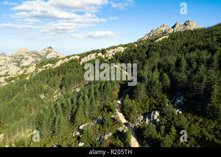 Luftaufnahme von einige spektakuläre Berge reichen von grüner Vegetation, Pinien und Granitfelsen. Sardinien, Italien. Stockfoto