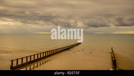 Buhnen am Strand bei Ebbe in Chichester, West Sussex, Großbritannien Stockfoto