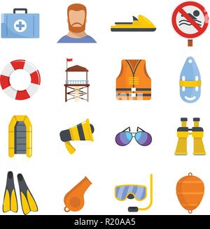 Rettungsschwimmer speichern Symbole gesetzt. Flache Abbildung: 16 Bademeister Vektor speichern Symbole für Web Stock Vektor