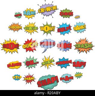 Comic sound Icons einstellen. Flache Darstellung von 25 Comic sound Vector Icons auf weißem Hintergrund Stock Vektor