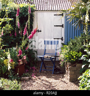 Blaue Stuhl vor gartenhaus Sith corrugated Panel und Dach Stockfoto