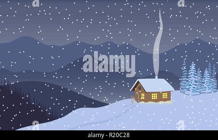 Winter abend Dämmerung, Nacht mit Beleuchtete Hausnummern, die fernen Berge, Himmel, Schnee, Schneegestöber, Schornstein Rauch, Wald, Ski laufen. x-mas Tree. Vektor Stock Vektor