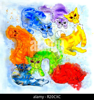 Bunte lustige Katzen. Skizze der Tinte. Weißer Hintergrund. Schal, Muster, Design, Grafik Stockfoto
