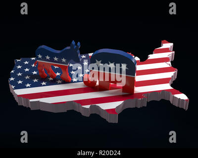 3D-Render von Demokraten Esel vs Republikaner Elefant Symbole auf USA-Karte mit überlagertem Amerikanische Flagge Stockfoto