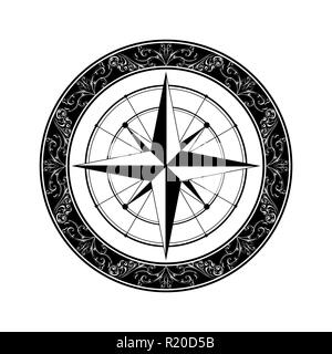 Schwarz Windrose Silhouette mit floralen Muster auf weißem Hintergrund Stock Vektor