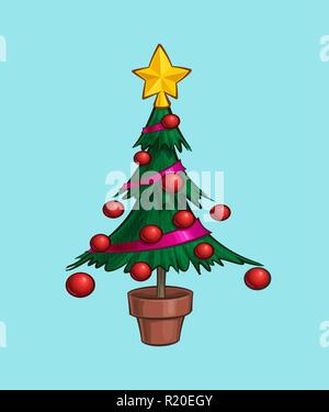 Cartoon Illustration eines kleinen Weihnachtsbaum in einem Topf. Vektor Icon: Linien, Farben, Schatten und Lichter ordentlich in klar definierten Schichten und Gruppen Stock Vektor