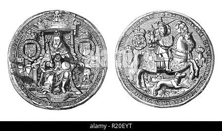 Das große Siegel von James VI. und ich, James Charles Stuart; (1566-1625) war König von Schottland als James VI vom 24. Juli 1567 und der König von England und Irland wie James. Obwohl die Königreiche Schottland und England wurden die einzelnen souveränen Staaten, mit ihren eigenen Parlamente, Justiz, und Gesetze, obwohl beide von James ausgeschlossen wurden. Er hat es geschafft die letzte Tudor Monarch, Elizabeth I im Jahre 1603 und in allen drei Königreiche für 22 Jahre regierte, eine Periode bekannt, nachdem ihn als das jacobean Era, bis zu seinem Tod im Jahre 1625 im Alter von 58. Stockfoto
