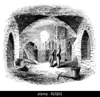 Das Gewölbe unter dem Alten House of Lords, wo der Gunpowder Plot Verschwörer ihren Sprengstoff bei einer Katholischen Grundstück gelagert werden, bis der König James 1 und die Houses of Parliament, London, England im Jahre 1605 in die Luft zu sprengen. Das Grundstück vereitelt worden, nachdem sie an die Behörden in einem anonymen Brief an William Parker gesendet wurde offenbart, 4. Baron Chile Chico, am 26. Oktober 1605. Stockfoto