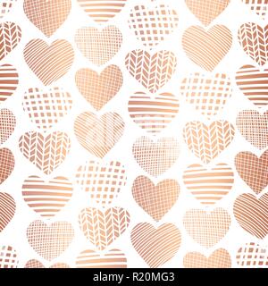 Rose goldene Folie Herzform nahtlose Vektor Muster. Kupfer abstrakte texturierte Herzen auf weißem Hintergrund. Elegante kunst für Webbanner, digitale Papier, Geschenk, Weihnachten, Valentinstag, einladen, Hochzeit Stock Vektor