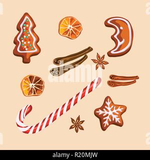 Weihnachten Lebkuchen cookies, getrocknet Zitrusfrüchte, Scheiben, Zimtstangen, Sternanis und Candy Cane Icons Set isoliert Stock Vektor