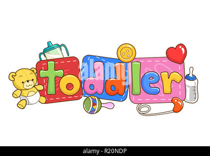 Bunte Typografie Abbildung mit einem Ausgestopften Bären Sitzen neben Buchstabensteine, buchstabieren Sie das Wort Kleinkind Stockfoto