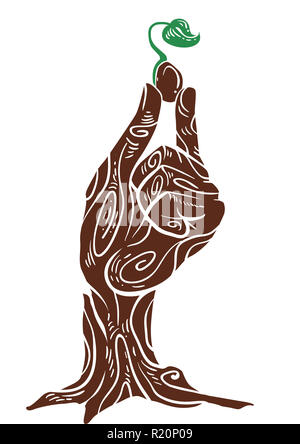 Prinzipdarstellung mit einer Hand gezeichnet wie die Rinde eines Baumes mit einem winzigen Keimen Stockfoto