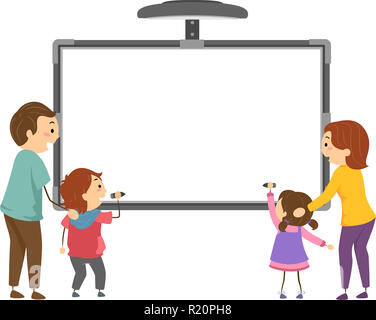 Bunte Stickman Abbildung mit einer Familie, die auf der interaktiven Vorstand gemeinsam schreiben Stockfoto