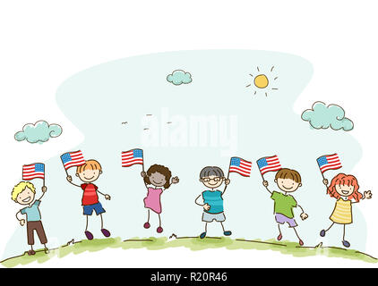 Abbildung: Stickman Kinder draußen jeden Betrieb und winkte eine amerikanische Flagge Stockfoto