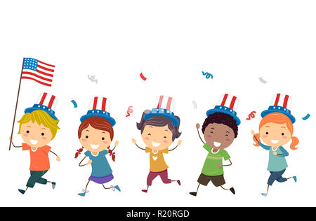 Abbildung: Stickman Kinder Holding eine Fahne und das Tragen von Uncle Sam hat Stockfoto