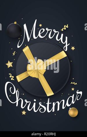 Weihnachten Poster. Schwarze Geschenkbox mit Schleife. Weihnachten Kugeln. Konfetti mit Serpentine. Den goldenen Sternen. Vector Illustration. EPS 10. Stock Vektor