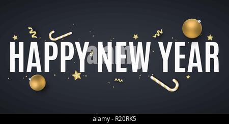 Frohes neues Jahr. Weihnachten goldene Kugeln. Konfetti mit Serpentine. Goldene Sterne und Lutscher. Verstreute Spielzeug auf dem Board. Weißer Text. Web Banne Stock Vektor