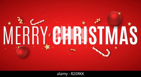 Weihnachten. Weihnachten rote Kugeln. Konfetti mit Serpentine. Goldene Sterne und Lutscher. Verstreute Spielzeug auf dem Board. Weißer Text. Web Banner für sa Stock Vektor