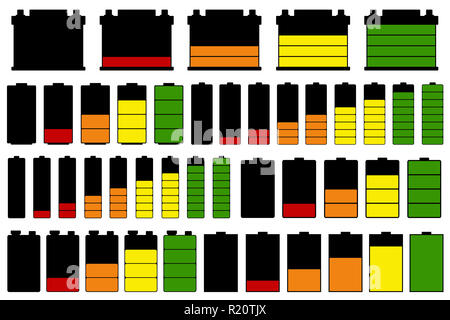 Satz von verschiedenen Batterien isoliert auf weißem Stockfoto