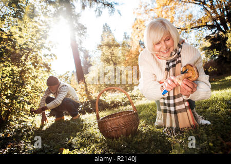 Schön freut sich Frau mit einem Messer in der Hand. Stockfoto