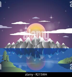 Alpen Landschaft Sonnenuntergang Cartoon Illustration Hintergrund. Berge Vektor. Stock Vektor