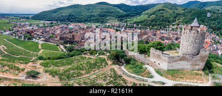Antenne Panorama der Burg Kaysersberg im Elsass Frankreich Stockfoto