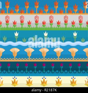 Bunte Set mit sechs nahtlose Grenzen von Blumen im ägyptischen Stil. Stock Vektor