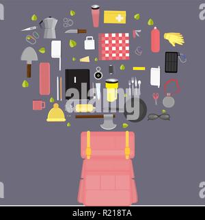Camping, Camping Material Vector Illustration, Web und Print Vektor flachbild Abbildung: Überleben mit Handschuhe Hut, Messer und viele Mo eingestellt Stock Vektor