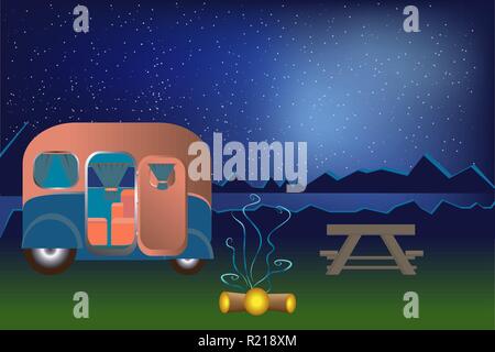 Cartoon Outdoor Camping Abbildung Nacht Landschaft mit Hügeln und Wasser carovan Sommerurlaub für Web und Print Stock Vektor