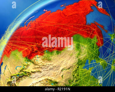 Russland am Modell des Planeten Erde mit internationalen Netzwerken. Konzept der digitalen Kommunikation und Technologie. 3D-Darstellung. Elemente dieses Bild Stockfoto