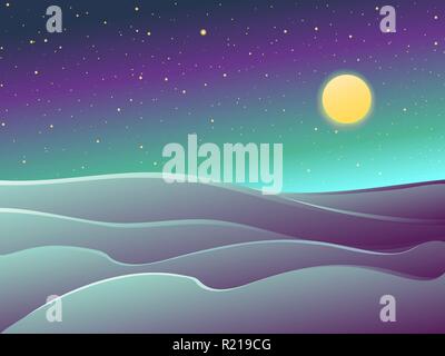 Wüsten Nacht Landschaft, Dünen, Sterne und Vollmond. Dunkle vektor Cartoon Illustration. Stock Vektor