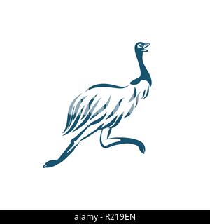 Stilisierte emu Vogel läuft auf weißem Hintergrund. Australische Strauß für Logo Design. Stock Vektor