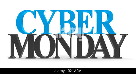 Blau und Schwarz Wörter - Cyber Montag - auf weißem Hintergrund, 3D-Rendering, 3D-Darstellung Stockfoto