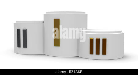 Weißen Zylinder Podium mit drei Rang Orte (römische Ziffern), dreidimensionale Rendering, 3D-Darstellung Stockfoto