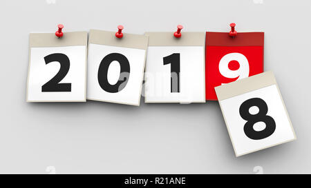 Kalender Blätter mit roten Stift und Zahlen 2019 auf grauem Hintergrund stehen für das neue Jahr 2019 starten, dreidimensionale Rendering, 3D-Darstellung Stockfoto