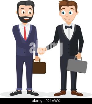 Zwei Geschäftsleute in Anzügen mit Koffern Hände schütteln. Stock Vektor