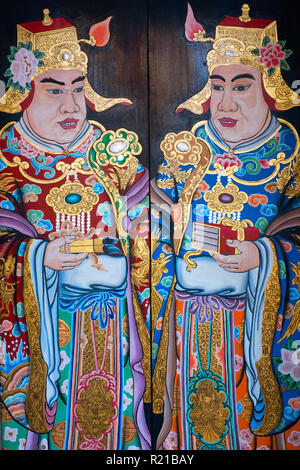 Malerei auf eine Tür an der Thian Hock Keng Tempel in Telok Ayer Street, Chinatown, Singapur, Darstellung von wohlhabenden Händler Stockfoto