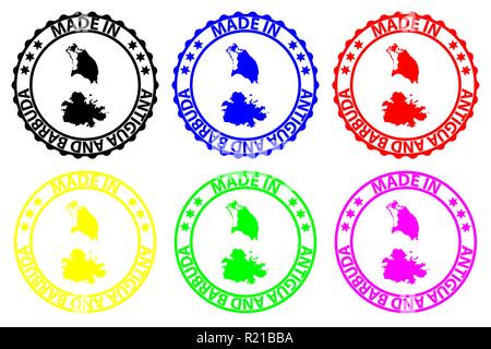 In Antigua und Barbuda - Stempel - Vektor, Antigua und Barbuda Karte Muster - Schwarz, Blau, Grün, Gelb, Lila und Rot Stock Vektor