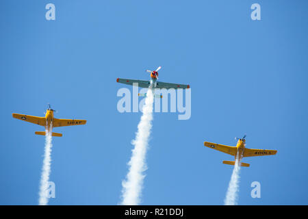 MONROE, NC (USA) - 10. November 2018: Drei aerobatic Flugzeug fliegen in Formation an der Warbirds über Monroe Air Show. Stockfoto