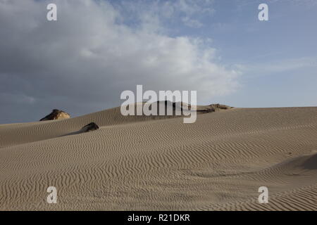 Niedrige Sonne am späten Nachmittag, mit Sand Muster und Texturen im natürlichen Park, Corralejo, Fuerteventura, Kanarische Inseln, Spanien. Stockfoto