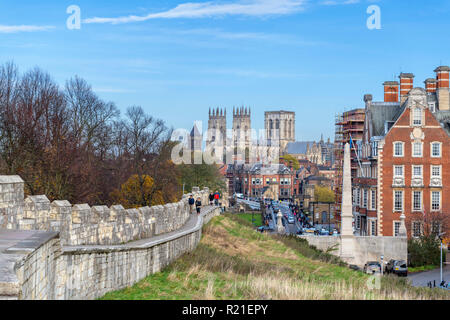 Blick entlang der York Stadtmauer in Richtung Kathedrale York Minster (New York), New York, North Yorkshire, England, Großbritannien Stockfoto