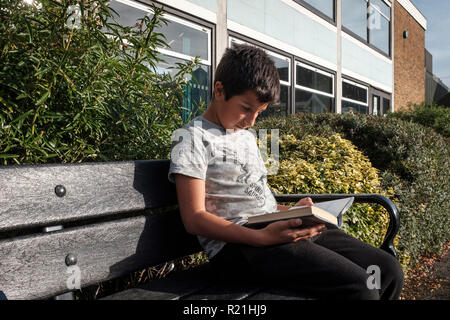 Surrey, UK-boy ,11 Jahre alt, sitzt im Freien Lesen einer Bibliothek Buch. Stockfoto