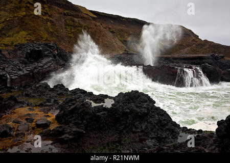 Oder 02397-00 ... OREGON - Brandung und eine Explosion von Wasserdampf aus Köche Kluft am Cape Perpetua landschaftlich reizvollen Gegend an einem stürmischen Tag entlang der Oregon Coa Stockfoto