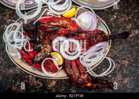 Indische und Asiatische Mittag- und Abendessen Gericht "Tandoori Chicken" ein Gericht zubereitet mit mariniertem Huhn gebraten und serviert mit frischem scharf geschnittenen Zwiebeln ein Stockfoto