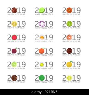 2019 Frohes Neues Jahr Icon Set Essen und Urlaub Konzept Vector Illustration Stock Vektor
