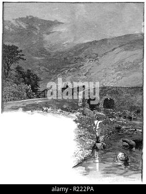 1884 vintage Gravur von der Brücke über den Fluss Walkham in Merrivale, Dartmoor, Devon, England. Große Mis Tor ist im Hintergrund. Aus einer Zeichnung von L.R. O'Brien. Stockfoto