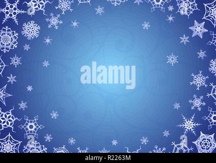 Frohe Weihnachten und guten Rutsch ins neue Jahr Grußkarte, horizontale Urlaub Hintergrund mit Schneeflocken auf Blau und Text platzieren Stock Vektor
