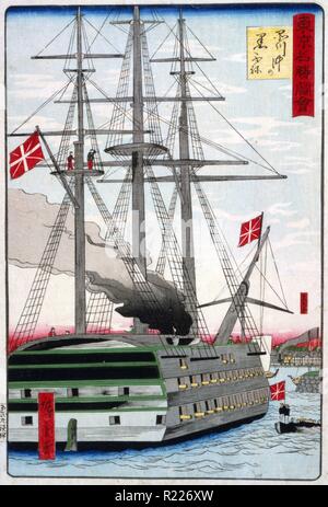 Tokyo Shinagawa oki keine kurofune: Schwarz Schiff aus Shinagaw 1870 von Hiroshige Utagawa, 1842-1894, drucken Sie auf hosho Papier: Holzschnitt, Farbe. Japanische drucken Übersicht Krieg Schiff mit drei Masten und mehrere Kanonen Lager britischen Flaggen und emittieren eine grosse Rauchwolke Stockfoto